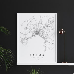 Palma Spanien, Digitale Kunst Karte, Digitaldruck Poster, Schwarz-Weiß Stadt karte, Unikat, Geschenk karte, zeitgenössische Karte, Moderne Karte