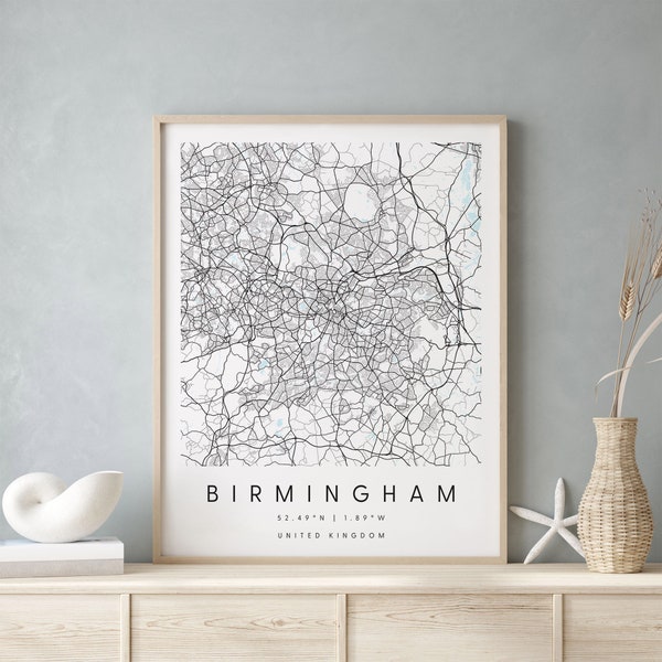 Birmingham United Kingdom, Digital Art Map, Digital Print Poster, Blue and White City Map, Unique, Gift Map, Contemporary Map, Modern Map