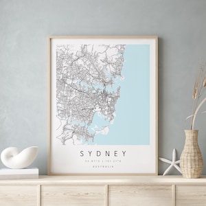 Sydney Australia, Printable City Map, Blue & White Wall Art, Modern Map Print, Travel Gift, Home Decor, Minimalist Poster