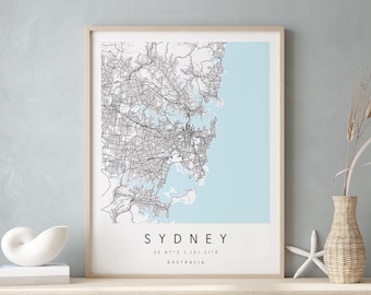 Sydney Australia, Printable City Map, Blue & White Wall Art, Modern Map Print, Travel Gift, Home Decor, Minimalist Poster