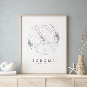Sonoma California, Carte d’art numérique, Affiche imprimée numérique, Carte de la ville bleue et blanche, Unique, Carte cadeau, Carte contemporaine, Carte moderne 1