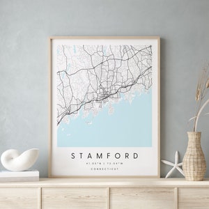 Stamford Connecticut, Printable City Map, Blue & White Wall Art, Modern Map Print, Travel Gift, Home Decor, Minimalist Poster
