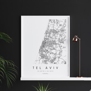 Tel Aviv Israël, Carte d’art numérique, Affiche imprimée numérique, Carte de la ville en noir et blanc, Unique, Carte cadeau, Carte contemporaine, Carte moderne