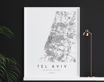 Tel Aviv Israël, Carte d’art numérique, Affiche imprimée numérique, Carte de la ville en noir et blanc, Unique, Carte cadeau, Carte contemporaine, Carte moderne