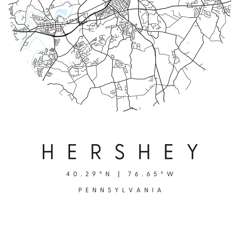 Hershey Pennsylvania, Digital Art Map, Digital Print Poster, Blue and