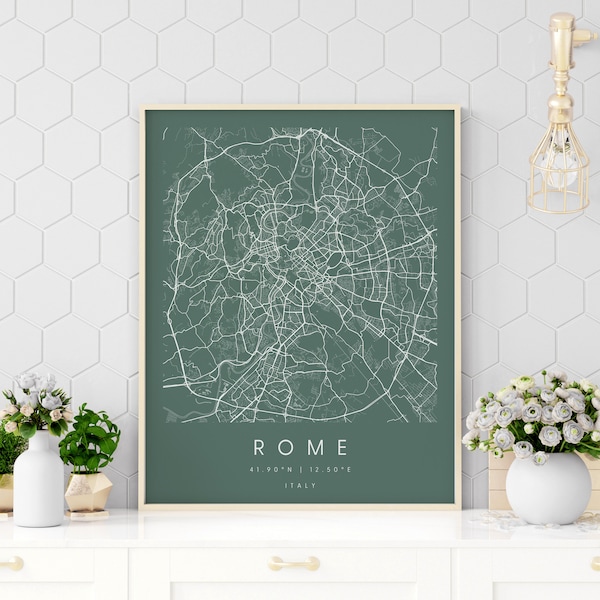 Rome Italy, Digital Art Map, Digital Print Poster, Green and White City Map, Unique, Gift Map, Contemporary Map, Modern Map