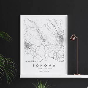 Sonoma California, Digitale Kunst Karte, Digitaldruck Poster, Schwarz-Weiß Stadt karte, Unikat, Geschenk karte, zeitgenössische Karte, Moderne Karte