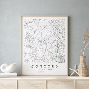 Concord Massachusetts, Printable City Map, Blue & White Wall Art, Modern Map Print, Travel Gift, Home Decor, Minimalist Poster