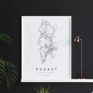 Phuket Thailand, Digitale Kunst Karte, Digitaldruck Poster, Schwarz-Weiß Stadt karte, Unikat, Geschenk karte, zeitgenössische Karte, Moderne Karte