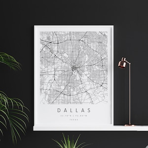 Dallas Texas, Digitale Kunst Karte, Digitaldruck Poster, Schwarz-Weiß Stadt karte, Unikat, Geschenk karte, zeitgenössische Karte, Moderne Karte