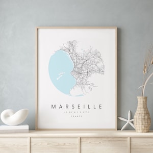 Marselha França, mapa de arte digital, pôster de impressão digital, mapa da cidade em azul e branco, exclusivo, mapa de presentes, mapa contemporâneo, mapa moderno 1