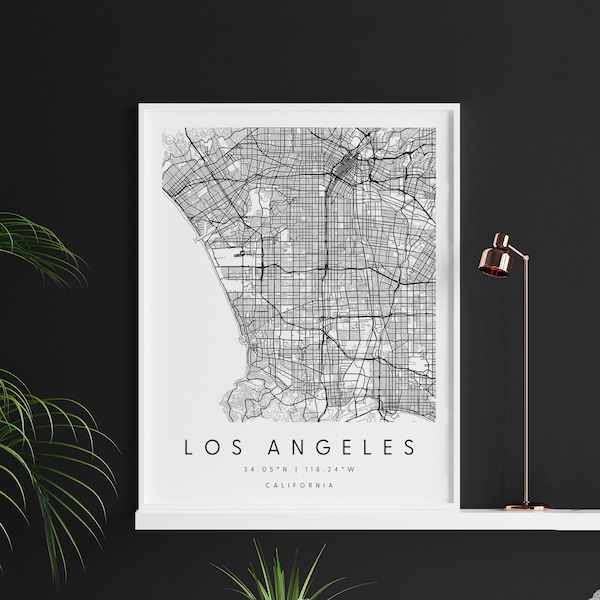 Los Angeles California, Digital Art Map, Digital Print Poster, Black and White City Map, Unique, Gift Map, Contemporary Map, Modern Map