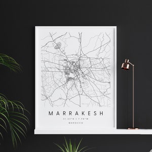 Marrakech Maroc, Carte d’art numérique, Affiche imprimée numérique, Carte de la ville en noir et blanc, Unique, Carte cadeau, Carte contemporaine, Carte moderne