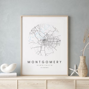 Montgomery Alabama, Digitale Kunst Karte, Digitaldruck Poster, Blau weiß Stadt karte, Unikat, Geschenk karte, zeitgenössische Karte, Moderne Karte 2