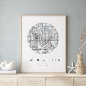 Twin Cities Minnesota, mapa de arte digital, pôster de impressão digital, mapa da cidade em azul e branco, exclusivo, mapa para presentes, mapa contemporâneo, mapa moderno 2