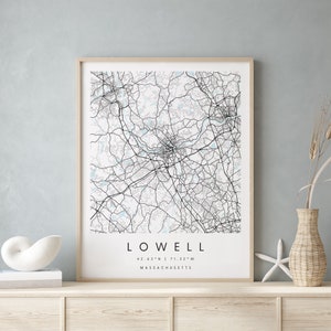 Lowell Massachusetts, Printable City Map, Blue & White Wall Art, Modern Map Print, Travel Gift, Home Decor, Minimalist Poster