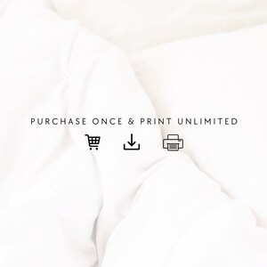 May include: White text on a white background reads "PURCHASE ONCE & PRINT UNLIMITED".  A shopping cart, download arrow, and printer icon are below the text.