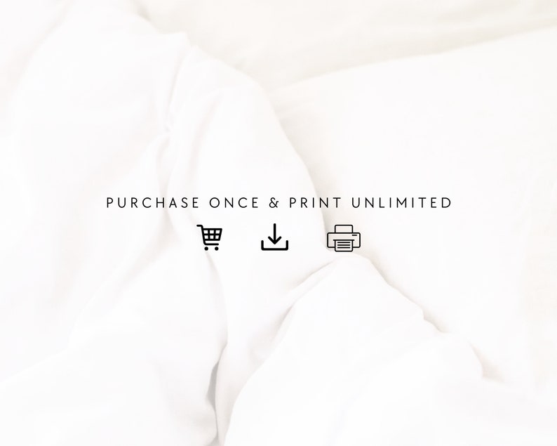 May include: White text on a white background reads "PURCHASE ONCE & PRINT UNLIMITED".  A shopping cart, download arrow, and printer icon are below the text.
