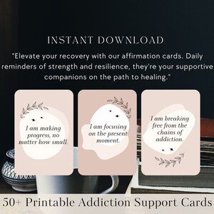 May include: Three printable affirmation cards with pink backgrounds and black text. The cards feature positive affirmations for recovery from addiction. The text on the cards reads: "I am making progress, no matter how small." "I am focusing on the present moment." "I am breaking free from the chains of addiction."