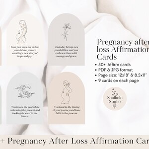 May include: A set of 50+ printable affirmation cards for pregnancy after loss. The cards feature illustrations of pregnant women and flowers. The cards are designed to help people cope with grief and find hope after a loss. The cards are available in PDF and JPG format and are printed on 12x18 inch and 8.5x11 inch pages. Each page contains 9 cards.