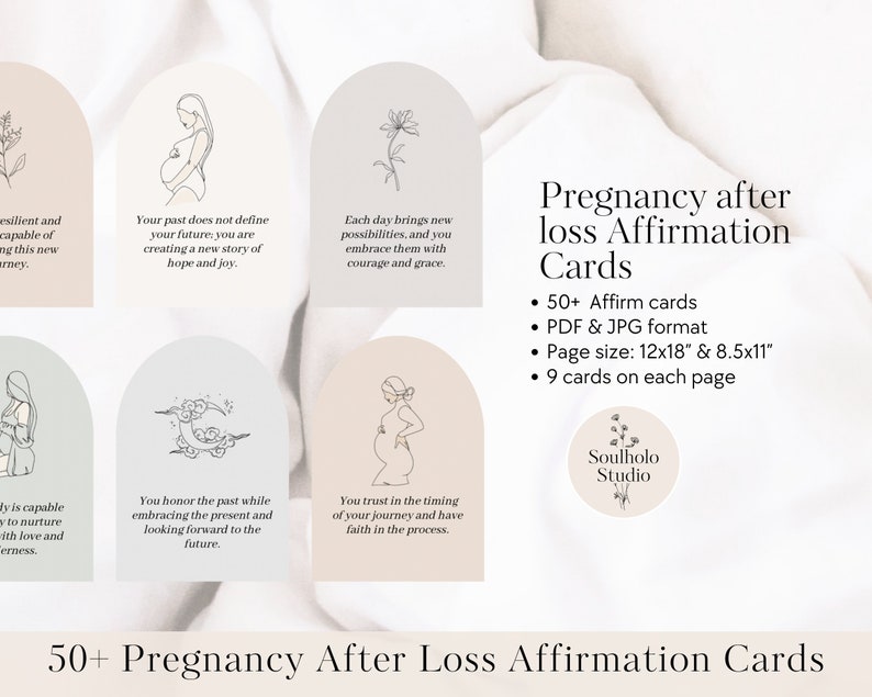 May include: A set of 50+ printable affirmation cards for pregnancy after loss. The cards feature illustrations of pregnant women and flowers. The cards are designed to help people cope with grief and find hope after a loss. The cards are available in PDF and JPG format and are printed on 12x18 inch and 8.5x11 inch pages. Each page contains 9 cards.
