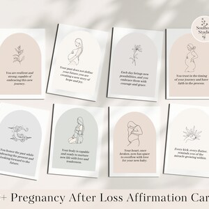 May include: Set of 10 affirmation cards for pregnancy after loss. Each card features a minimalist line drawing of a pregnant person, a floral design, and an encouraging message. The cards are printed on white cardstock with a light pink, light blue, or light grey background.