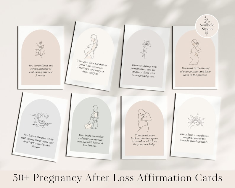 May include: Set of 10 affirmation cards for pregnancy after loss. Each card features a minimalist line drawing of a pregnant person, a floral design, and an encouraging message. The cards are printed on white cardstock with a light pink, light blue, or light grey background.