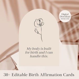 Más de 30 tarjetas de afirmación de embarazo editables, mantras de parto positivos, tarjetas imprimibles de parto y alumbramiento, plantilla de nacimiento de Canva, descarga instantánea