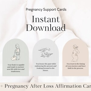 May include: Set of 50+ printable affirmation cards for pregnancy after loss. The cards feature illustrations of pregnant women and inspirational quotes. The cards are designed to help women cope with the emotional challenges of pregnancy after loss.