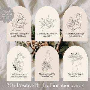 Set of 36 Positive Birth Affirmation Printable Cards | Positive Birth Quote | Pregnancy Line Art | Baby Shower Gift | Digital Download | PDF
