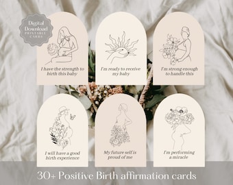 Set of 36 Positive Birth Affirmation Printable Cards | Positive Birth Quote | Pregnancy Line Art | Baby Shower Gift | Digital Download | PDF