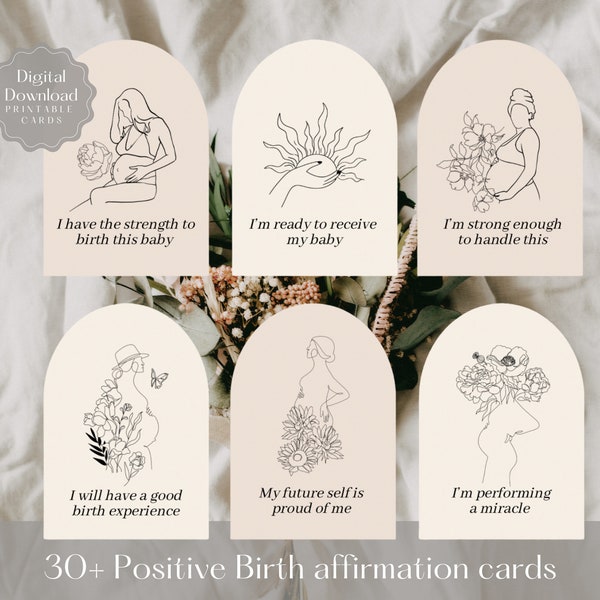 Set von 36 Positive Geburt Affirmation druckbare Karten | Positive Geburt Zitat | Schwangerschaft Line Art | Baby-Dusche-Geschenk | Digitaler Download | PDF-Datei