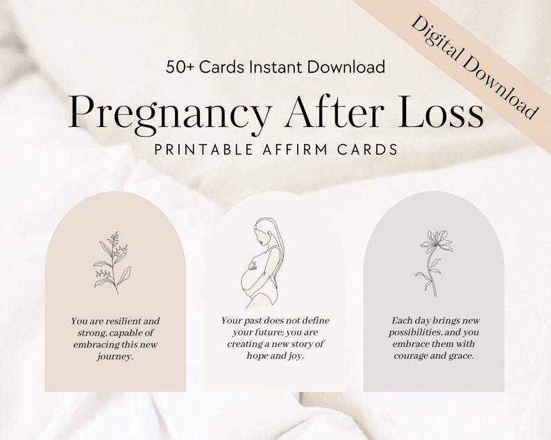 May include: A set of printable affirmation cards featuring illustrations and text. The cards are designed to support individuals navigating pregnancy after loss. The text on the cards includes phrases such as "You are resilient and strong" and "Each day brings new possibilities".