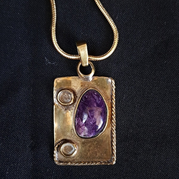 Lepidolite cabochon set in a rustic style brass pendant (includes free gold plated chain)