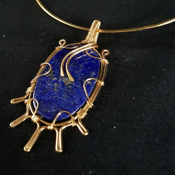 Brass necklet  with brass and lapis lazuli pendant