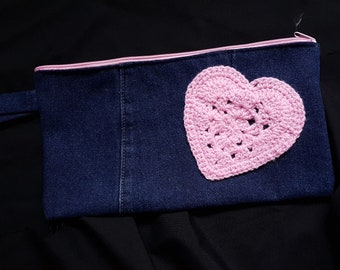 Upcycled textile (walking stick) bag with crocheted heart