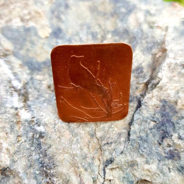Adjustable copper acid etched bird design ring