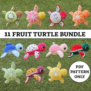 May include: Eleven crocheted fruit turtle toys are shown, each crafted to look like various fruits such as kiwi, watermelon, and orange. The turtles are arranged on a green, grassy surface. The text "11 FRUIT TURTLE BUNDLE" is above the turtles, and "PDF PATTERN ONLY" is in a white circle.
