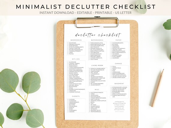 Printable Declutter Checklist Minimalist Cleaning Checklist - Etsy
