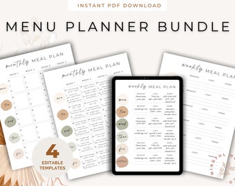 Weekly Menu Planner, Editable Meal Plan Template, Digital Weekly Meal Planner, Printable Monthly Meal Plan