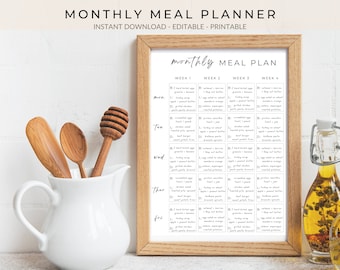 Monthly Meal Planner Menu, Monthly Meal Plan Template Printable, Minimalist Food Journal