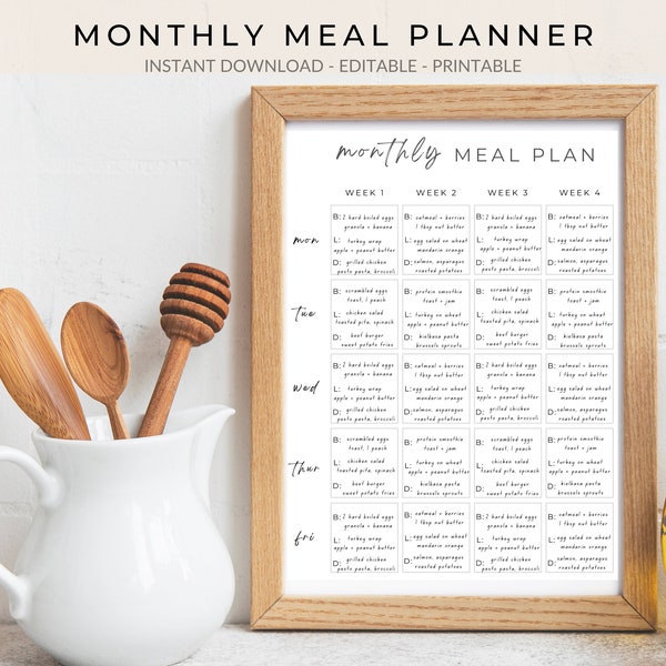 Monthly Meal Planner Menu, Monthly Meal Plan Template Printable, Minimalist Food Journal