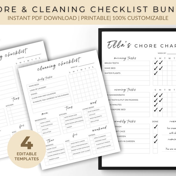 Editable Chore Chart and Cleaning Checklist, Kid's Chore Chart Canva Template, Cleaning Schedule Printable Template