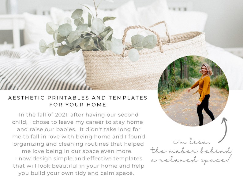 May include: A woman in a yellow sweater and black pants walks on a path in a forest. The text "I'm Lisa, the maker behind a relaxed space!" is written below the image.