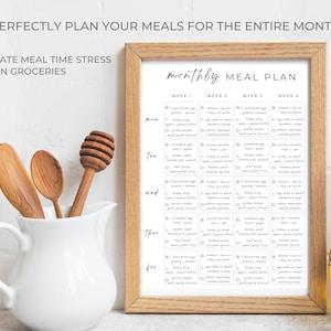 May include: A printable monthly meal plan with a wooden frame. The meal plan is divided into four weeks and includes breakfast, lunch, and dinner options for each day of the week. The text on the meal plan includes "monthly meal plan", "week 1", "week 2", "week 3", "week 4", "mon", "tue", "wed", "thar", "fri".