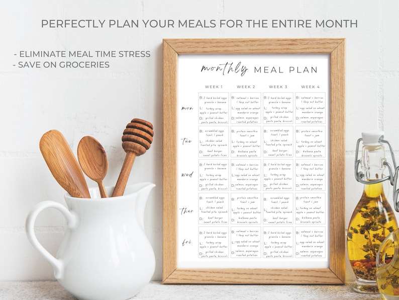 May include: A printable monthly meal plan with a wooden frame. The meal plan is divided into four weeks and includes breakfast, lunch, and dinner options for each day of the week. The text on the meal plan includes "monthly meal plan", "week 1", "week 2", "week 3", "week 4", "mon", "tue", "wed", "thar", "fri".