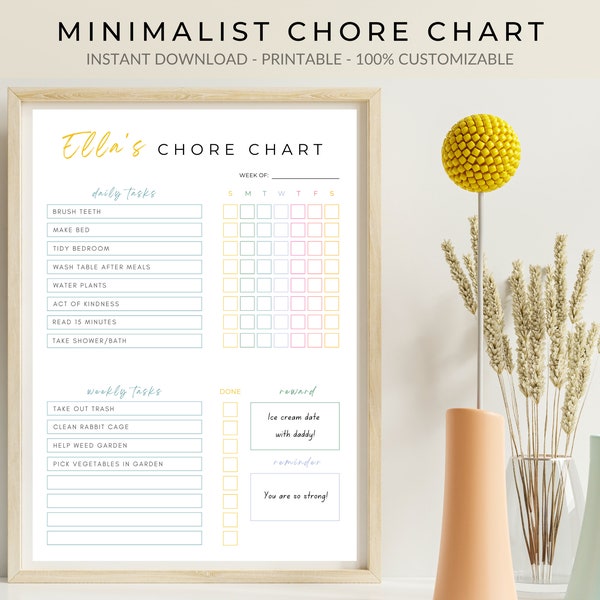 Kid's Chore Chart Template Canva, Chore Calendar Printable, House Chores List, Responsibility Chart Printable