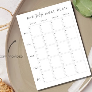 May include: A printable monthly meal planner with a simple design. The planner is divided into four weeks, with each week having space for seven days of the week. The days of the week are labeled "Mon", "Tue", "Wed", "Thur", "Fri", "Sat", and "Sun".