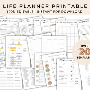May include: A collection of printable life planner templates featuring over 20 designs. The templates include cleaning schedules, monthly calendars, meal plans, and chore charts. The designs are minimalist and feature a neutral colour palette with brown, beige, and white.