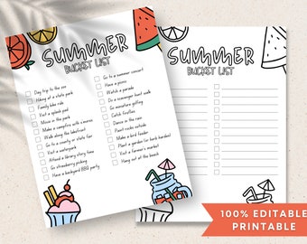 Op de afbeelding: Twee witte, bedrukbare zomer-bucketlist-vellen met zwarte tekst en kleurrijke illustraties van fruit en drankjes. De tekst luidt "Summer Bucket List" en bevat selectievakjes voor zomerse activiteiten.